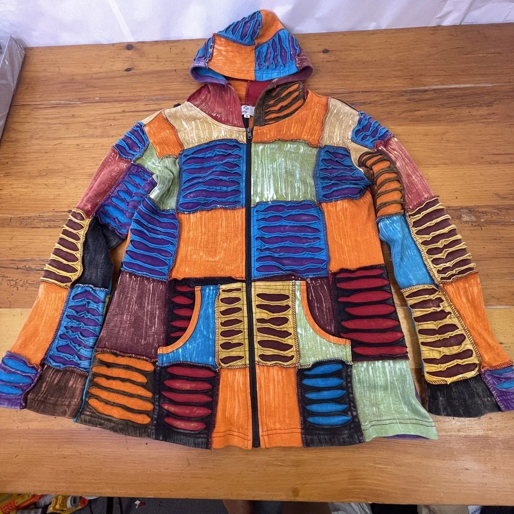 Happy Colors‎ Womens XL Jacket Hoodie Multicolor Patchwork Boho Hippy Distressed